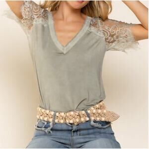POL Sweetheart Confession Basic Top sz M in Dried Herb dainty lace sleeves trim